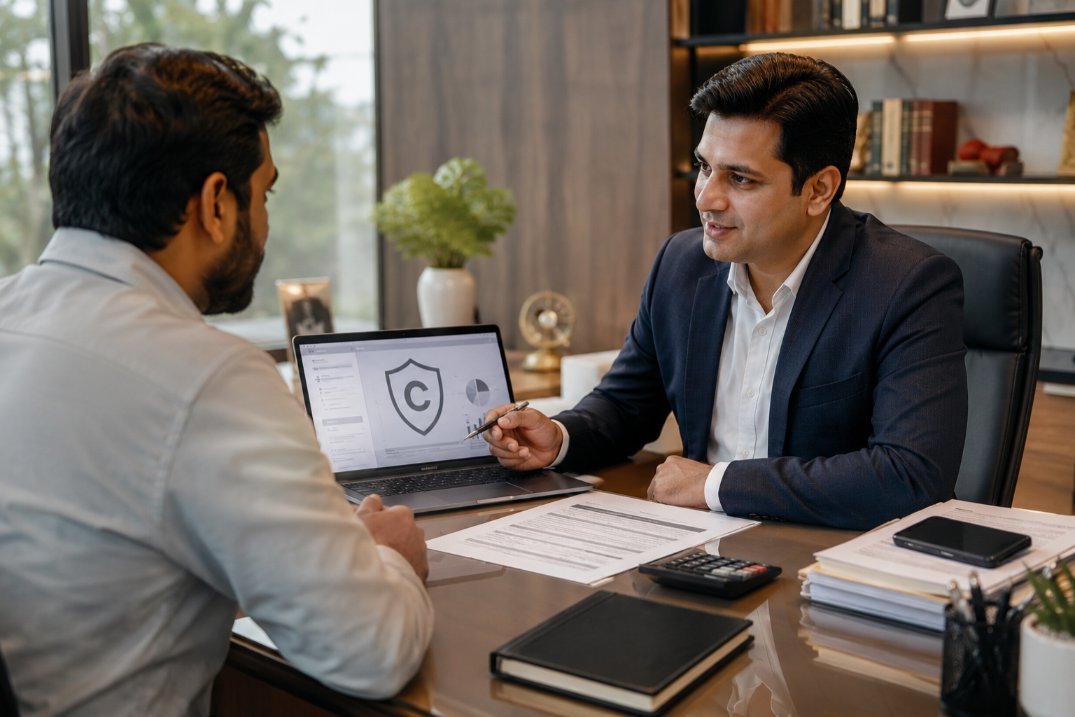 Business consultant assisting entrepreneur with trademark registration in Vasai