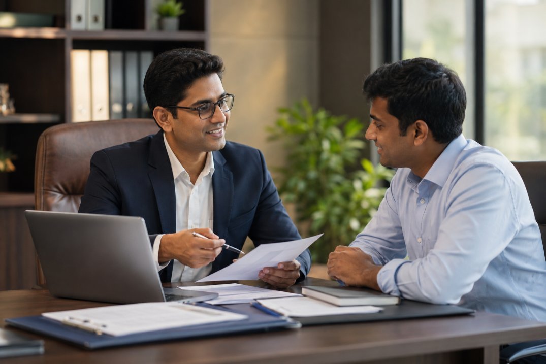 Business-consultant-reviewing-company-incorporation-documents-with-startup-founder-in-Vasai
