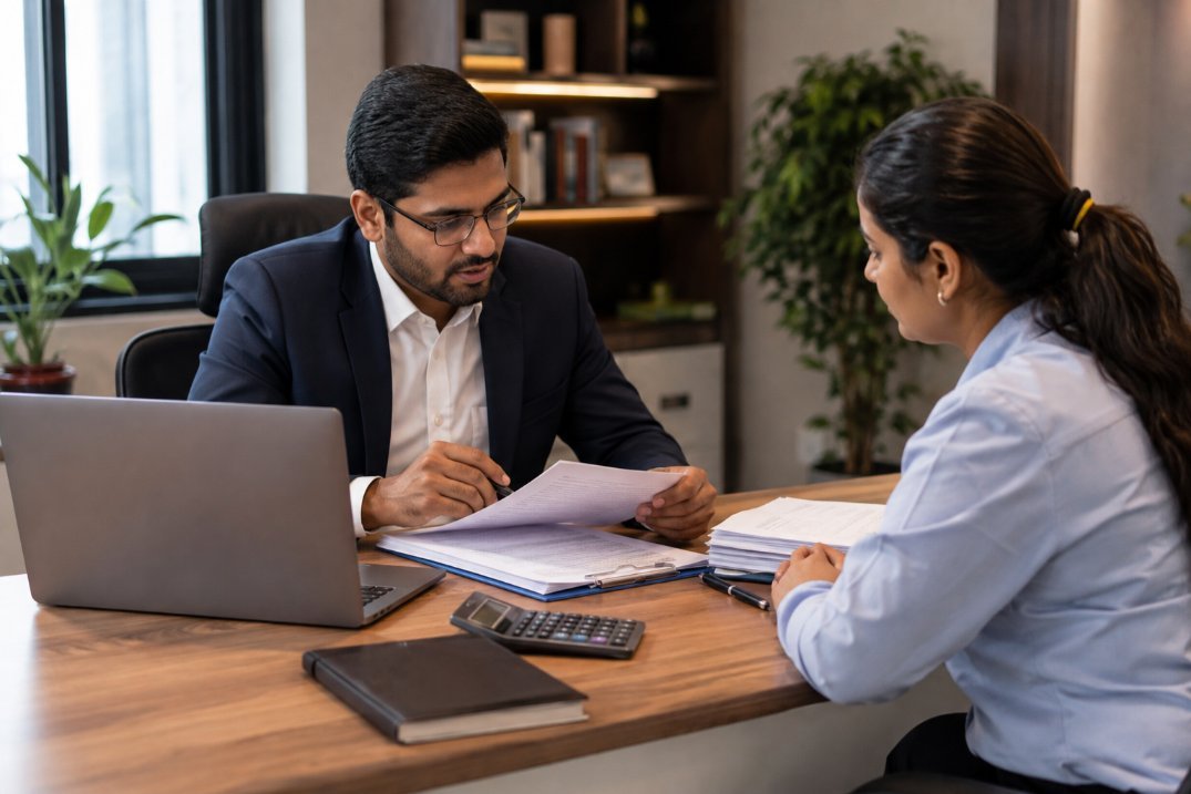 Business-consultant-reviewing-trademark-registration-documents-with-entrepreneur-in-Vasai