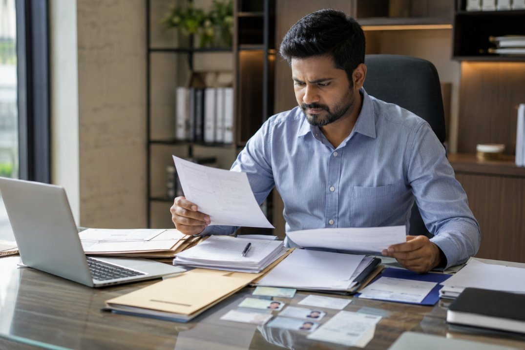 Business owner organizing company registration documents and paperwork in Vasai