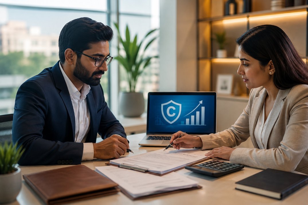 Business owner reviewing benefits of trademark registration with consultant in Vasai