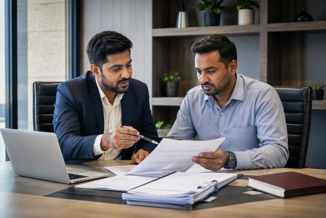 Business-owner-reviewing-company-compliance-documents-with-professional-consultant-in-Vasai