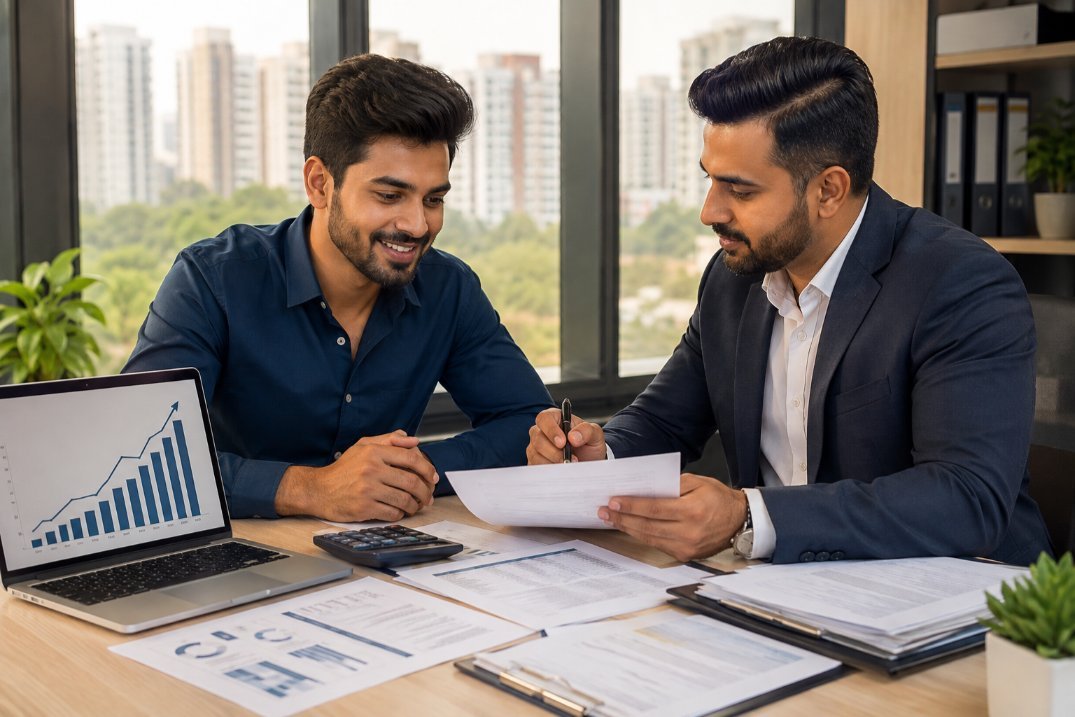 Business owner reviewing company registration benefits with consultant in Vasai
