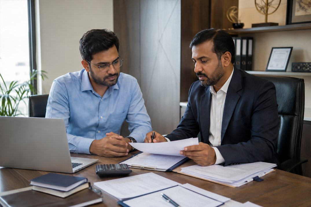 Business-owner-reviewing-trademark-compliance-documents-with-professional-consultant-in-Vasai