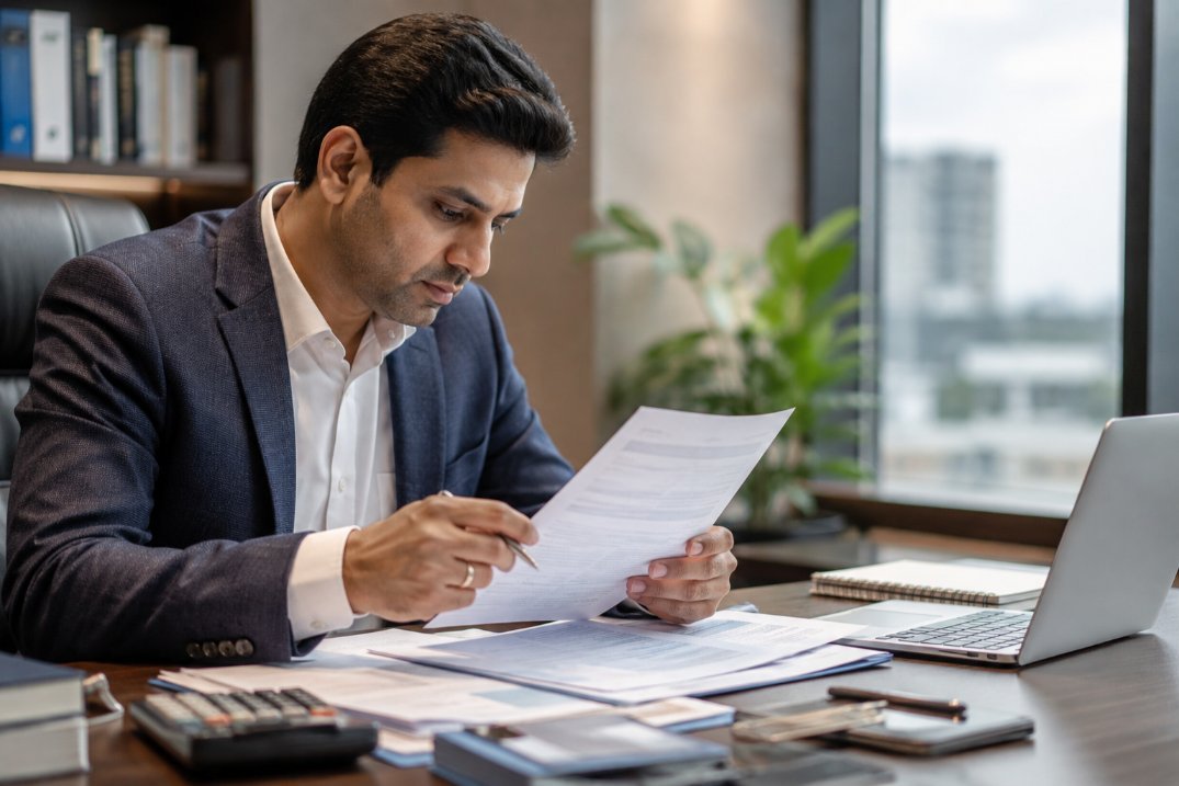 Consultant-reviewing-company-incorporation-forms-and-registration-details-in-Vasai