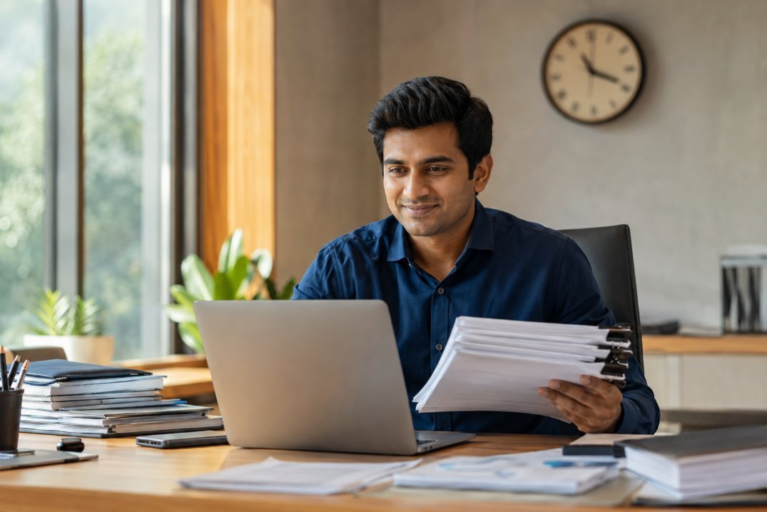 Entrepreneur-checking-company-registration-status-on-laptop-in-Vasai