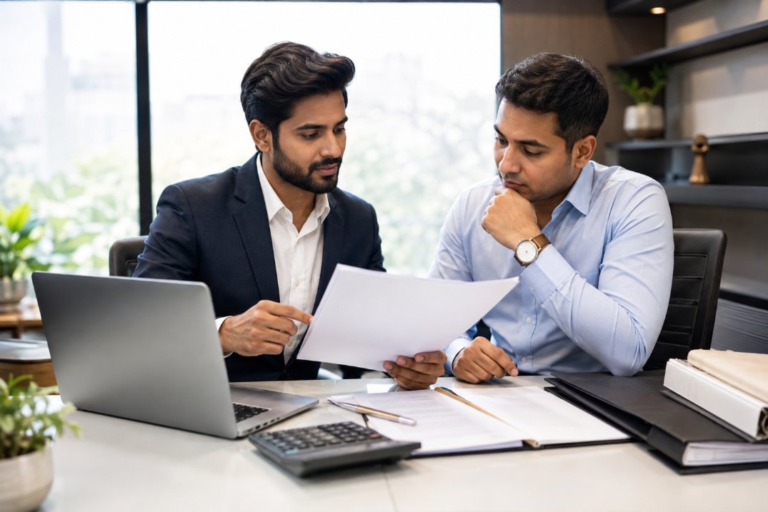 Entrepreneur consulting professional about trademark registration requirements in Vasai