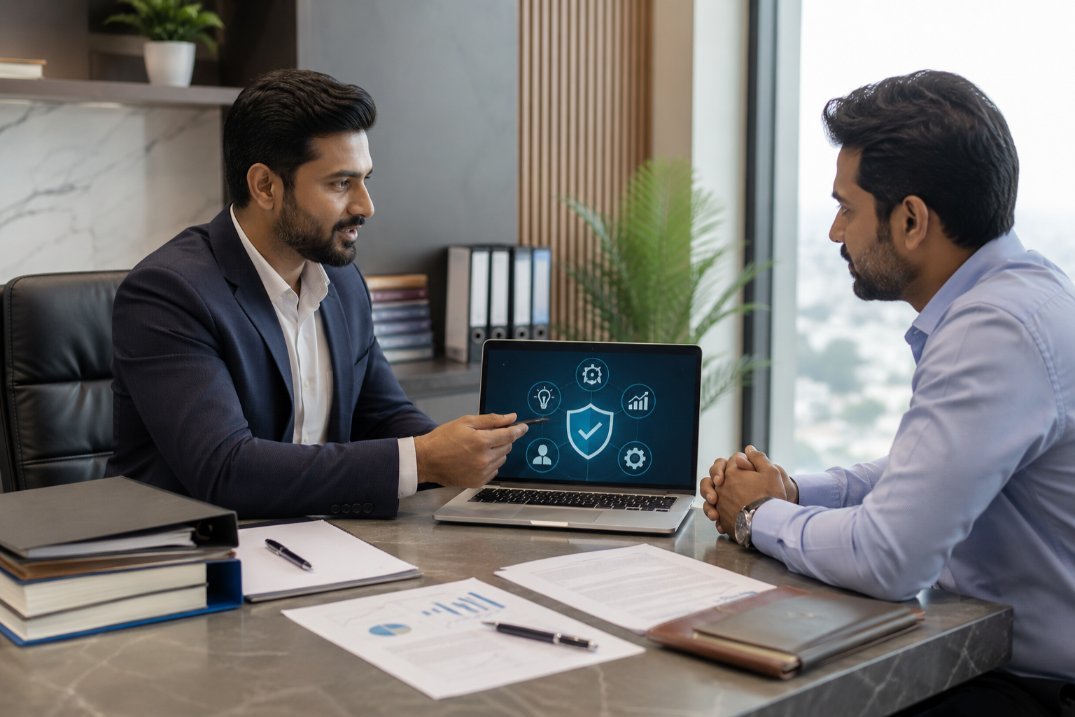 Entrepreneur-discussing-brand-name-and-trademark-protection-with-consultant-in-Vasai