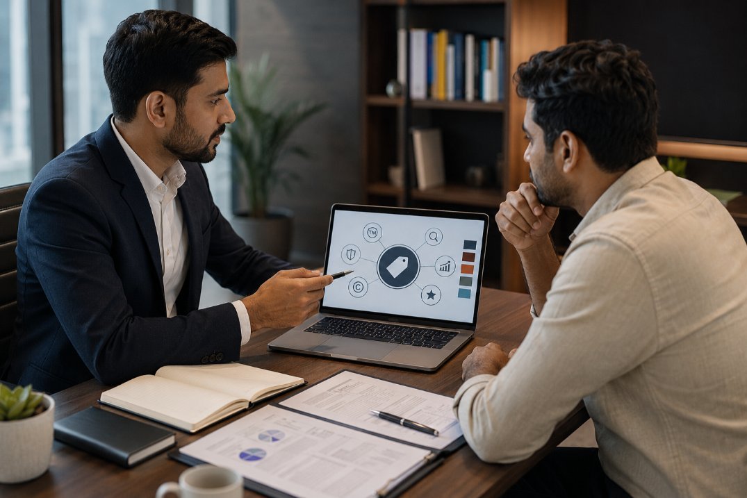 Entrepreneur discussing trademark search and brand protection with consultant in Vasai