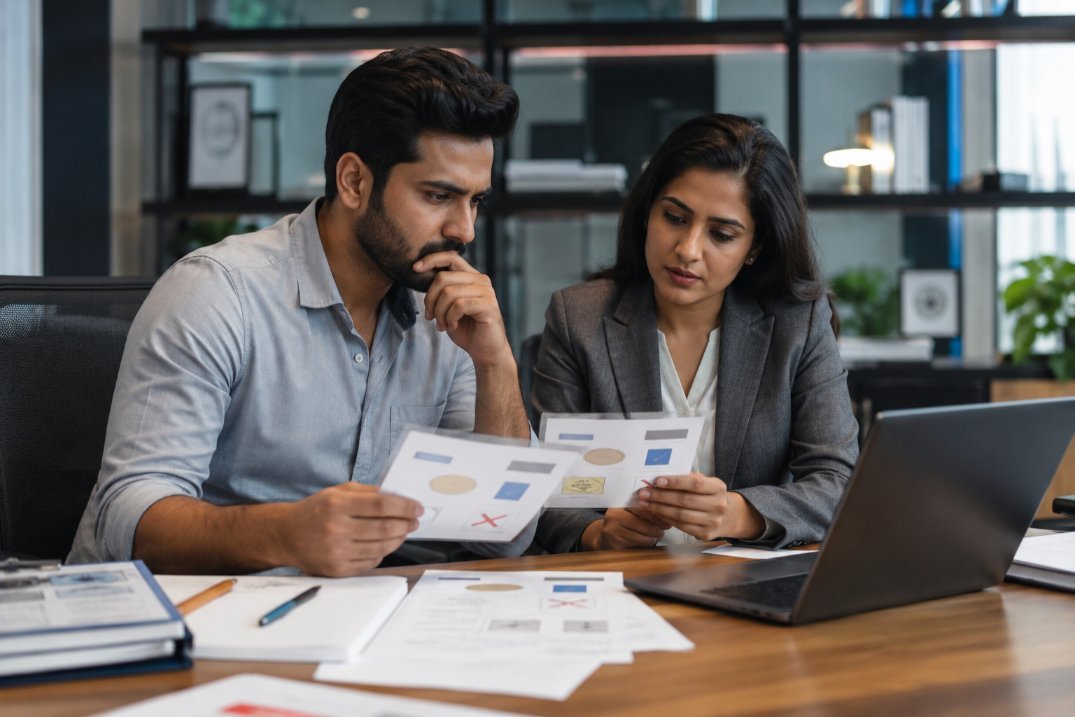 Entrepreneur reviewing trademark application documents with professional consultant in Vasai